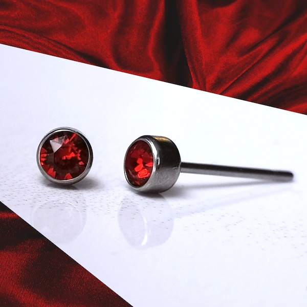 Titanium Burgundy Siam Red 4mm Stud Earrings. Nickel Free Hypoallergenic Earrings Made With Titanium