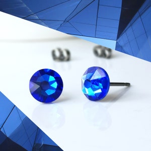 Titanium Cobalt Blue Coloured Stud Earrings. 6.5mm Wide, Nickel Free Hypoallergenic Earrings Made With Pure Titanium