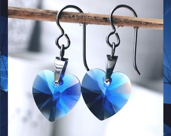 Titanium Royal Blue Heart Drops. Made with Majestic Blue Crystals & Pure Titanium. Hypoallergenic Nickel Free Earrings.