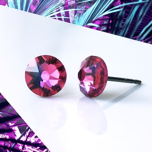 Fuschia Pink Titanium Stud Earrings: Hypoallergenic Crystal Glass (6.5mm)