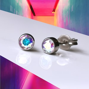 Titanium Crystal Rainbow AB Coloured 4mm Stud Earrings. Nickel Free Hypoallergenic Earrings Made With Titanium