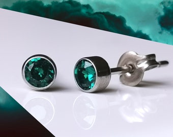 Titanium Deep Green Emerald Coloured 4mm Stud Earrings. Nickel Free Hypoallergenic Earrings Made With Titanium for May Birthday.