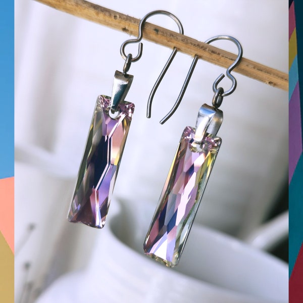 Titanium Pink Rainbow Long Drops. Made with Vitrail Light Crystals and Pure Titanium. Hypoallergenic Nickel Free Earrings.
