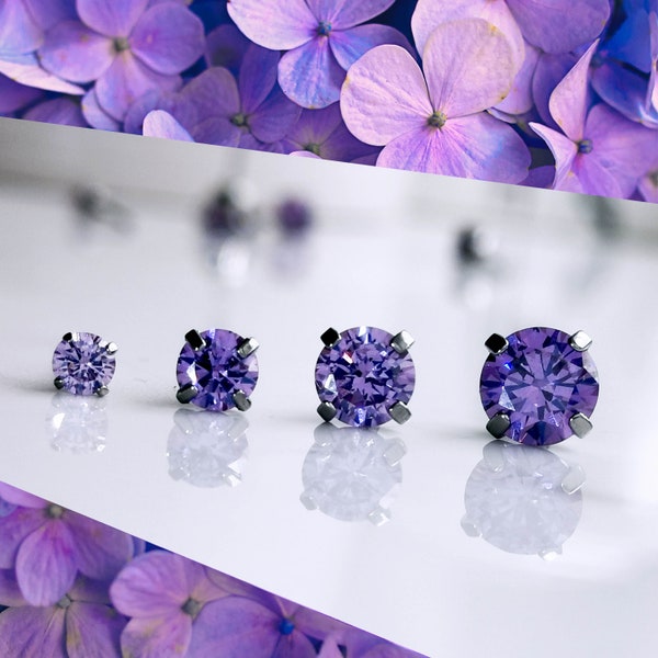 Titanium Purple CZ Studs. 3mm 4mm 5mm & 6mm, Nickel Free Earrings. Mid Purple Cubic Zirconia and Pure Titanium.