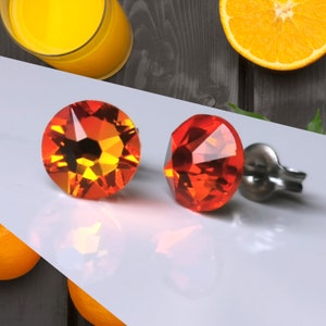 Titanium Fire Opal Orange Coloured Stud Earrings. 6.5mm Wide, Nickel Free Hypoallergenic Earrings Made With Pure Titanium
