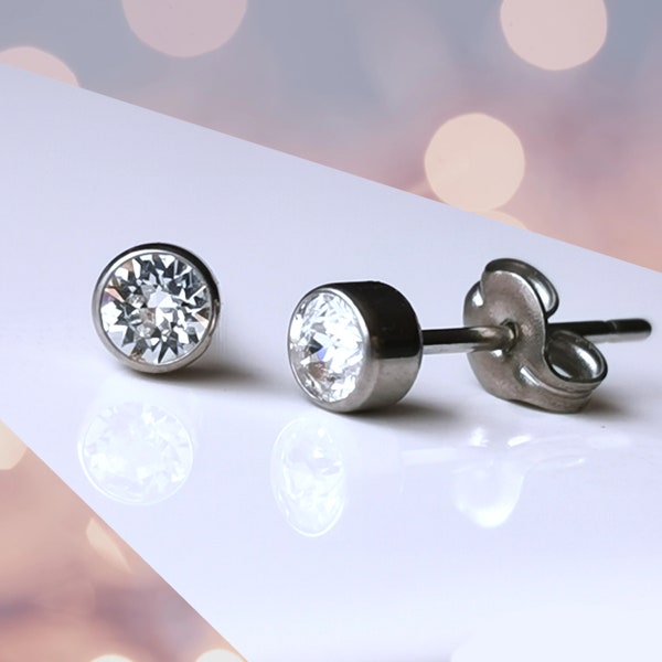 Titanium Crystal Clear 4mm Stud Earrings. Nickel Free Hypoallergenic Earrings Made With Titanium for March Birthday.
