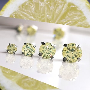 Titanium Lemon Yellow CZ Studs. 3mm 4mm 5mm & 6mm, Nickel Free Earrings. Pure Titanium and Pastel Yellow Cubic Zirconia.