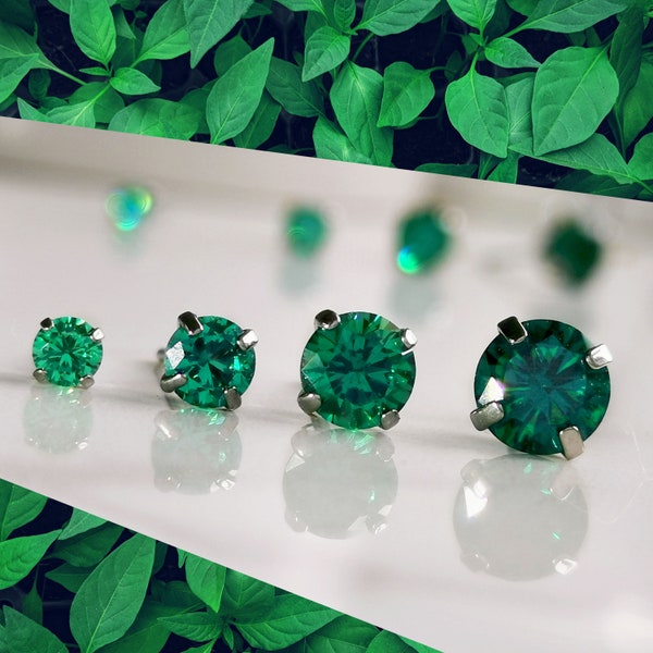 Titanium Emerald Green CZ Studs. 3mm 4mm 5mm & 6mm, Nickel Free Earrings. Pure Titanium and Green Cubic Zirconia.