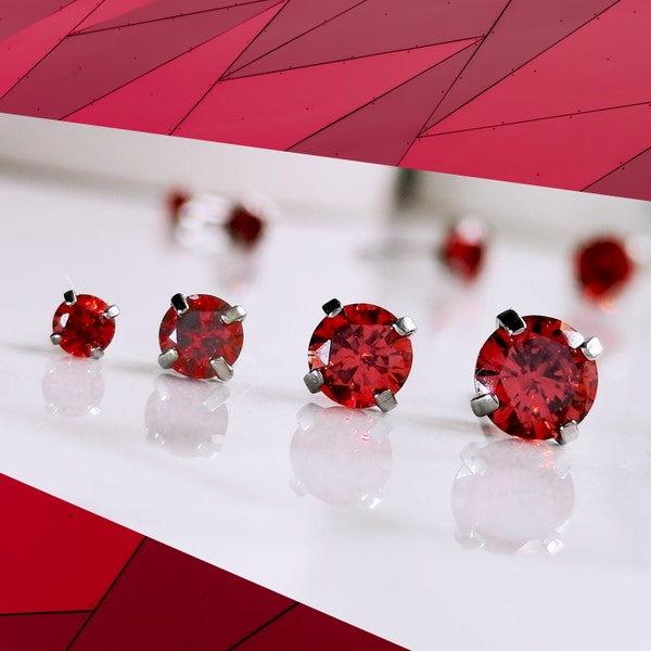 Titanium Scarlet Red CZ Stud Earrings. 3mm 4mm 5mm & 6mm. Vibrant Red Cubic Zirconia and Pure Nickel FreeTitanium.