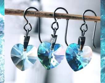 Titanium Aqua Blue Heart Drops. Made with Aquamarine Coloured Crystals & Pure Titanium. Hypoallergenic Nickel Free Earrings.