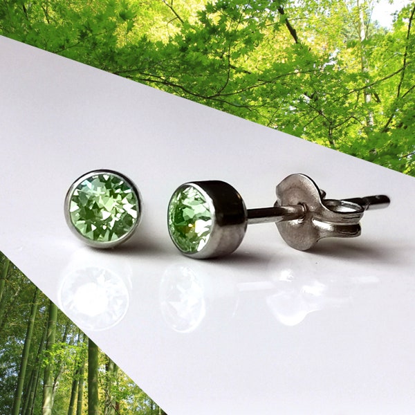 Titanium Green Peridot Coloured 4mm Stud Earrings. Nickel Free Hypoallergenic Earrings Made With Titanium for August Birthday