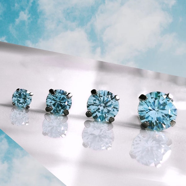 Titanium Sky Blue CZ Studs. 3mm 4mm 5mm & 6mm, Nickel Free Earrings. Pure Titanium and Palest Pastel Blue Cubic Zirconia.