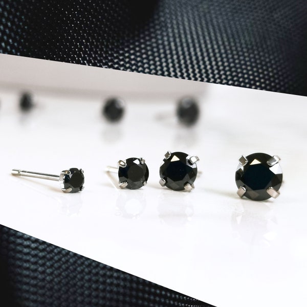Titanium Jet Black CZ Studs. 3mm 4mm 5mm & 6mm, Nickel Free Earrings. Pure Titanium and Jet Black Cubic Zirconia.