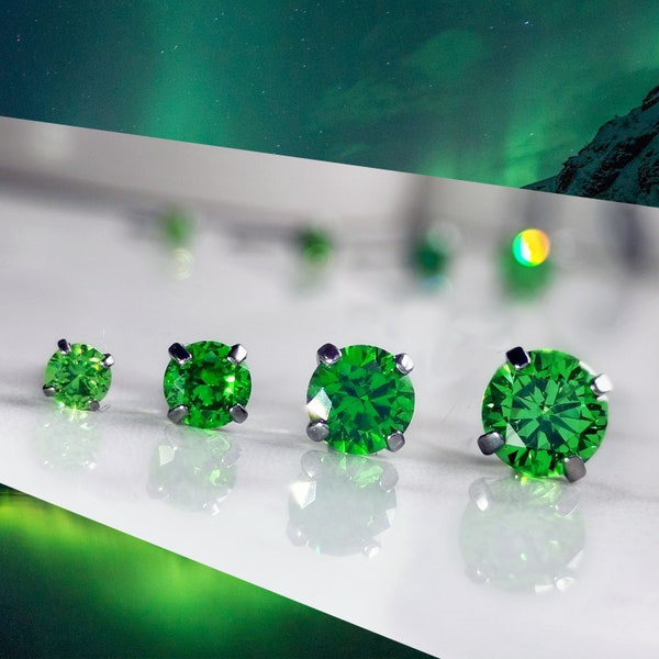 Titanium Fresh Green CZ Studs. 3mm 4mm 5mm & 6mm, Nickel Free Earrings. Emerald Green Cubic Zirconia and Pure Titanium.