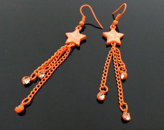 ORANGE Color Glitter Stars and Hanging Rhinestone Link Chains Earrings 8.5 cm long Light and Beautiful!