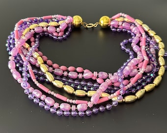 Lila Lucite Halskette Vintage rosa lila Goldfarbe 8 Strang Collier Kette