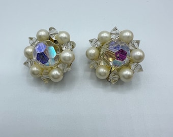 Pearl Crystal Earclips Designer LISNER Signed Cluster Clip Earrings