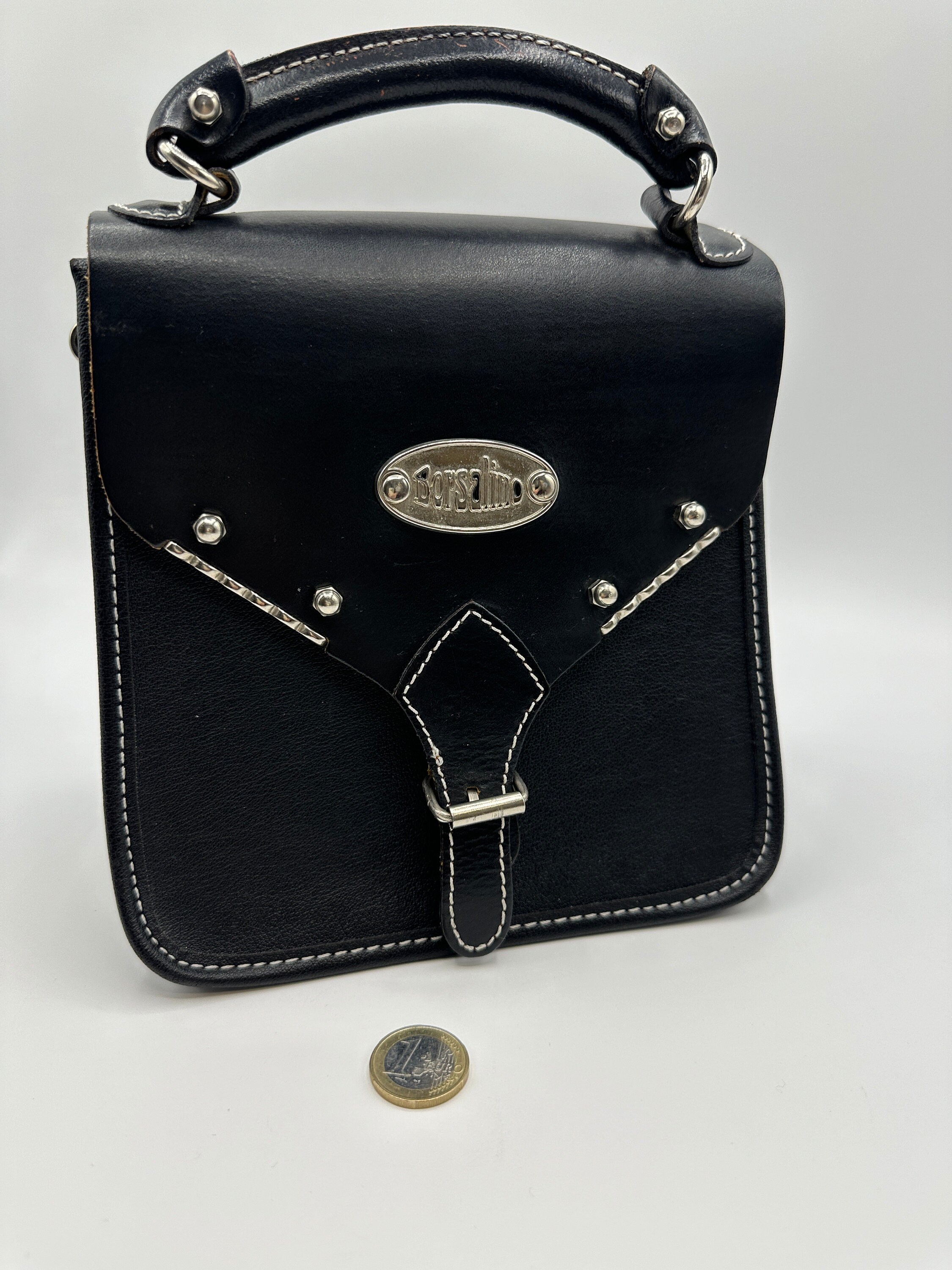 Borsalino 23404100I9 関税送料込 Black BORSALINO Handbag Vintage Genuine Leather Handle Bag