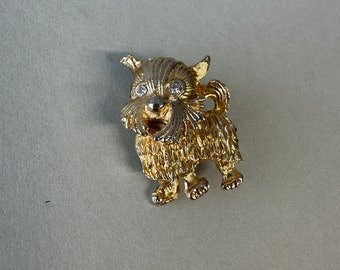 Vintage Terrier Brosche 1980s vergoldete Hund Brosche mit klaren Strass Augen