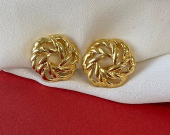 Gold-plated vintage ear clips, timelessly beautiful swirl design clip earrings from the 80s, 2.2 cm Ø