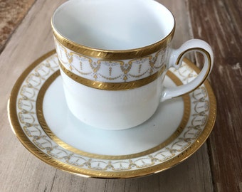 TIRSCHENREUTH Bavière Moka Cup Art Nouveau Era vintage Feuille d’Or Doré Porcelaine Demitasse Cup & Plate