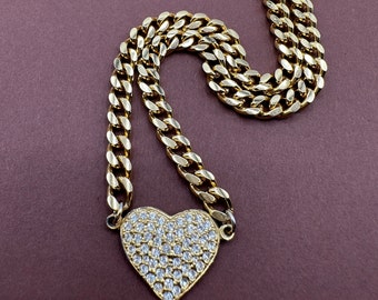 Collier coeur strass plaqué or chaîne collier vintage années 1980