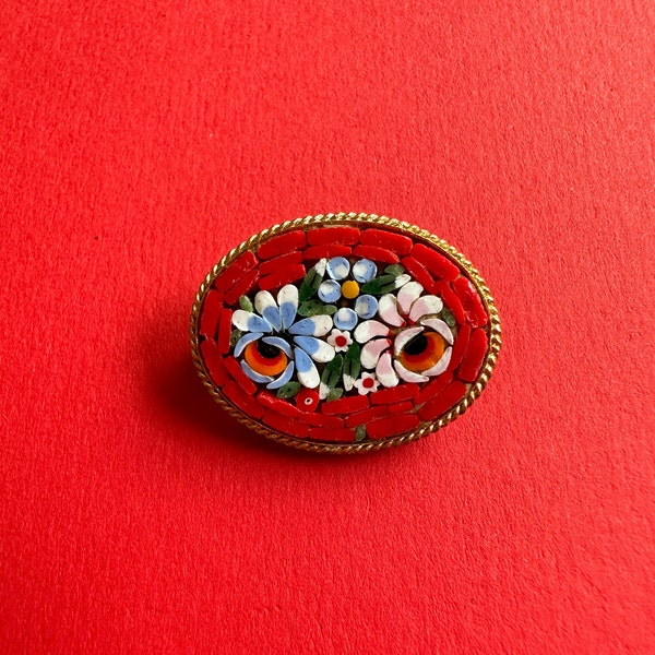 Mikro Mosaik Brosche Pfingstrosen und Vergissmeinnicht Blümchen Vintage Micro Mosaic Brooch