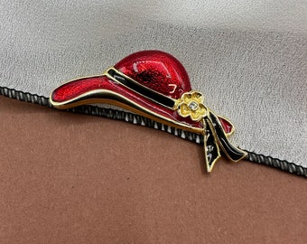 Emaillierte Hut Brosche hochwertige Vintage 1980s Strass verzierte, rot schwarze Emaille Damenhut Brosche