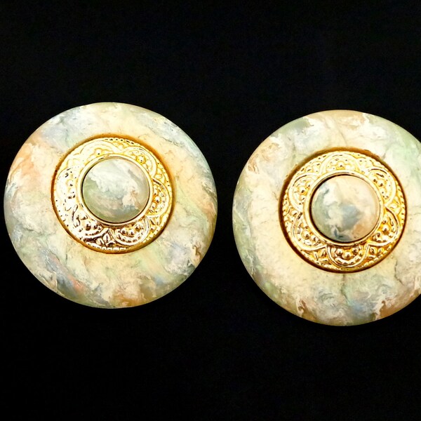 1960 's Pearl Effect & sea foam green clip earrings earrings made of plastic 3.7 cm Ø super nice marbled plastic silky shine Clip Earrings