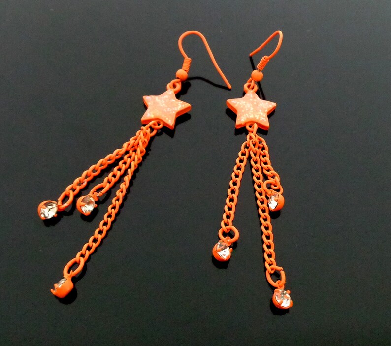 ORANGE Color Glitter Stars and Hanging Rhinestone Link Chains Earrings 8.5 cm long Light and Beautiful!