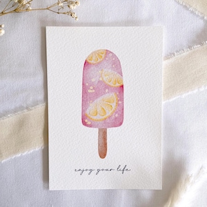 Postkarte Eis am Stiel  "enjoy your life" Aquarell A6  Karte Geburtstag Geburtstagskarte Geburtstagsgeschenk Sommerliebe Geschenkverpackung