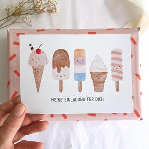 Einladungskarten "ICE CREAM“ 5er I 10er Set zum Ausfüllen Kindergeburtstag  Einladung für Kinder Geburtstagseinladung süßes Eis mit Gesicht