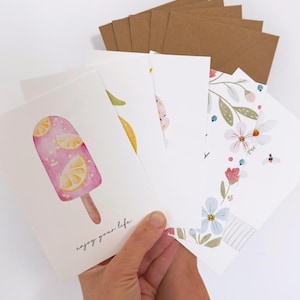 Postkarten Set "Verschenke den Sommer 02“ 5er Set Aquarell A6 Karte Sommer Geburtstag Happy Birthday Grußkarte Zitrone Eis Ice Cream Blumen