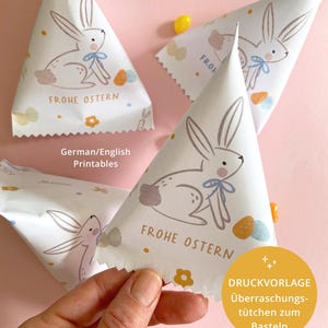 May include: White paper cone-shaped treat bags with a bunny illustration, carrots, and the words "Frohe Ostern" printed on them. The bags are decorated with pastel colors and are perfect for Easter treats.