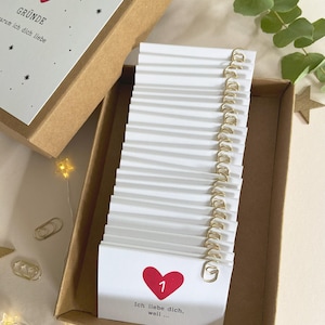 Adventskalender mit 24 Gründen warum ich dich liebe | Geschenk für Weihnachten I Schachtel Box I  Schnur mit Klammern I Karten Aquarell