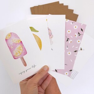 Postkarten Set "Verschenke den Sommer 01“ 5er Set Aquarell A6 Karte Sommer Geburtstag Happy Birthday Grußkarte Zitrone Eis Ice Cream Blumen
