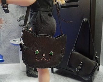 Ooak Miniatur Ledertasche, echt Leder, BJD 1:6, 12", Original aus „Racheengel der Vampire“ Katzen-Tasche in Schwarz (2)