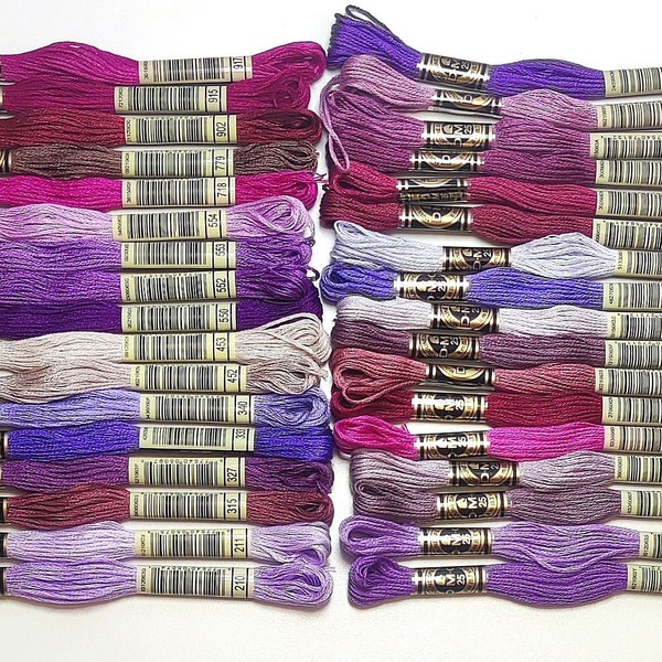 DMC Floss (Mouline), 46 Shades of Purple-Pink Color, Stranded Cotton Floss 117MC, Cross Stitch Embroidery Floss, 8m (8.7 yd)