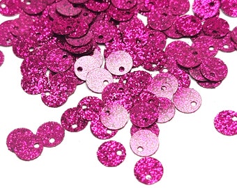 Lentejuelas/Paillettes de fantasía con purpurina, color magenta, orificio en el borde, 6 mm