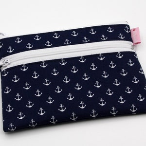 Small anchor mini wallet with 2 zipper compartments fabric purse blue image 1