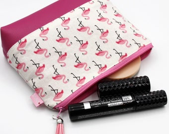 Flamingo Kosmetiktasche Medium mit Kunstlederboden Pink Creme Kleine Flamingos