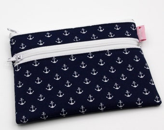 Small anchor mini wallet with 2 zipper compartments fabric purse blue