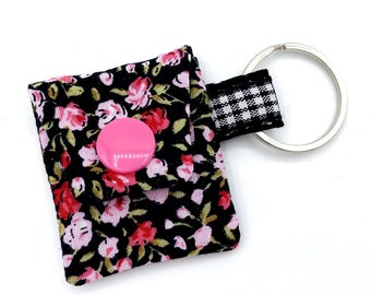 Small Roses Black Pink Chip Pouch with Chip Shopping Chip Bag Keychain made fabric shopping cart chip