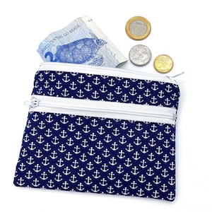 Viele Kleine Anker Mini Portemonnaie Blau mit 2 Reißverschluß Fächern Stoff Geldbeutel