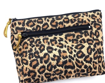 Leo Pattern Cosmetic Bag Medium with Extra Zipper Compartment Rockabilly Bag Leoprint Canvas