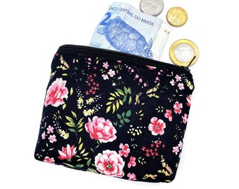 Rose Flowers Black Pink Mini Wallet Fabric Wallet Rockabilly Pinup