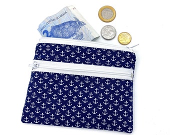 Many Small Anchor Mini Wallet Blue with 2 Zipper Compartments Fabric Wallet