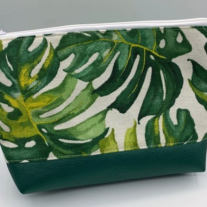 Monstera Palm Leaves Cosmetic Bag L with Faux Leather Green White Canvas Small Toiletry Bag