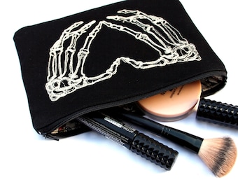 Skeleton Heart Cosmetic Bag Black with Embroidery Skull Hands Gothic
