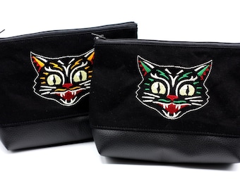 Psychobilly cat Cosmetic Bag Black with Cats Embroidery and Faux Leather vegan